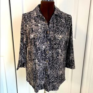 Reitmans Button Down Shirt, Black & Taupe, Notched collar, snap closure, 14 Plus